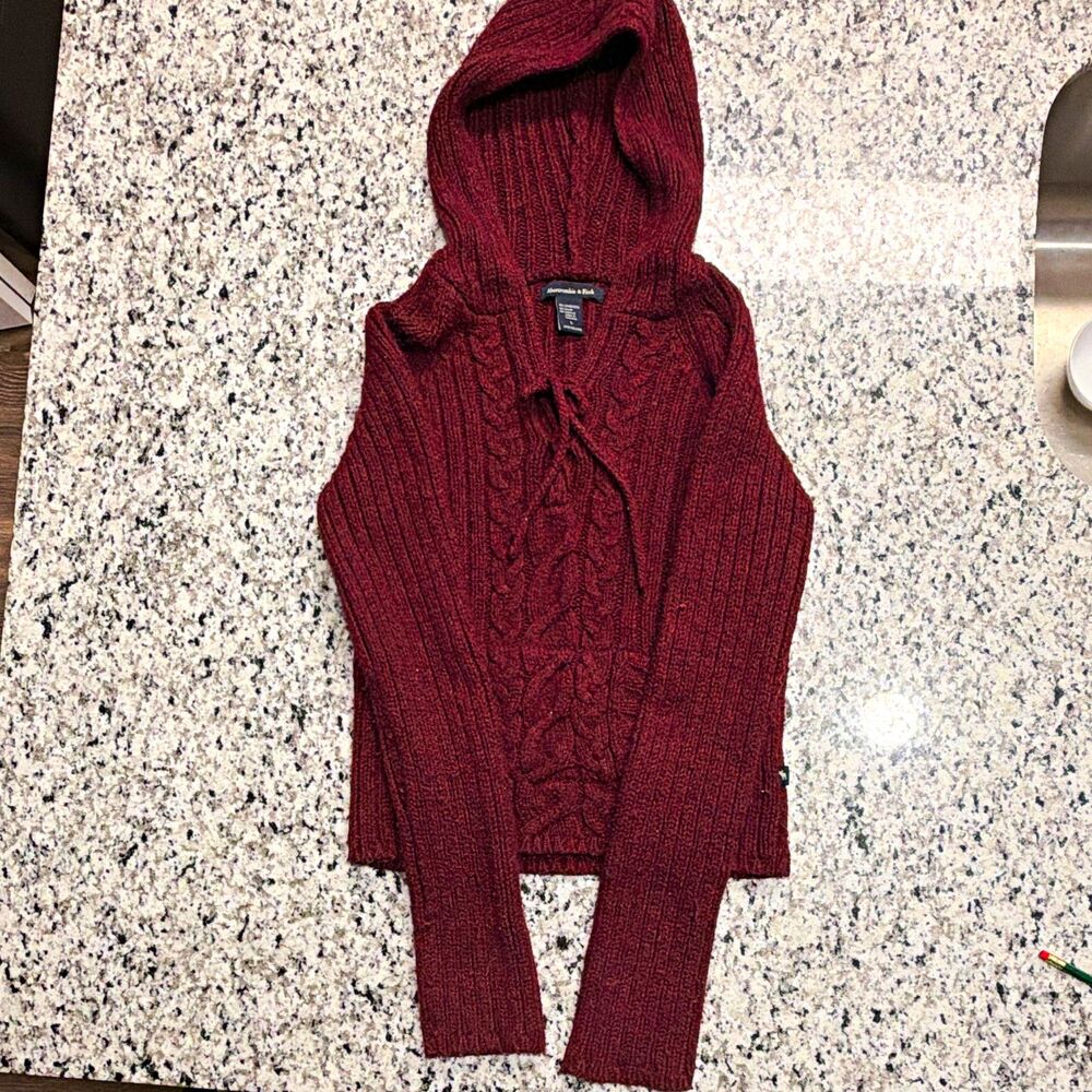 Vtg Y2K Abercrombie & Fitch Lambswool Cable Knit Hooded Sweater Women L Burgundy